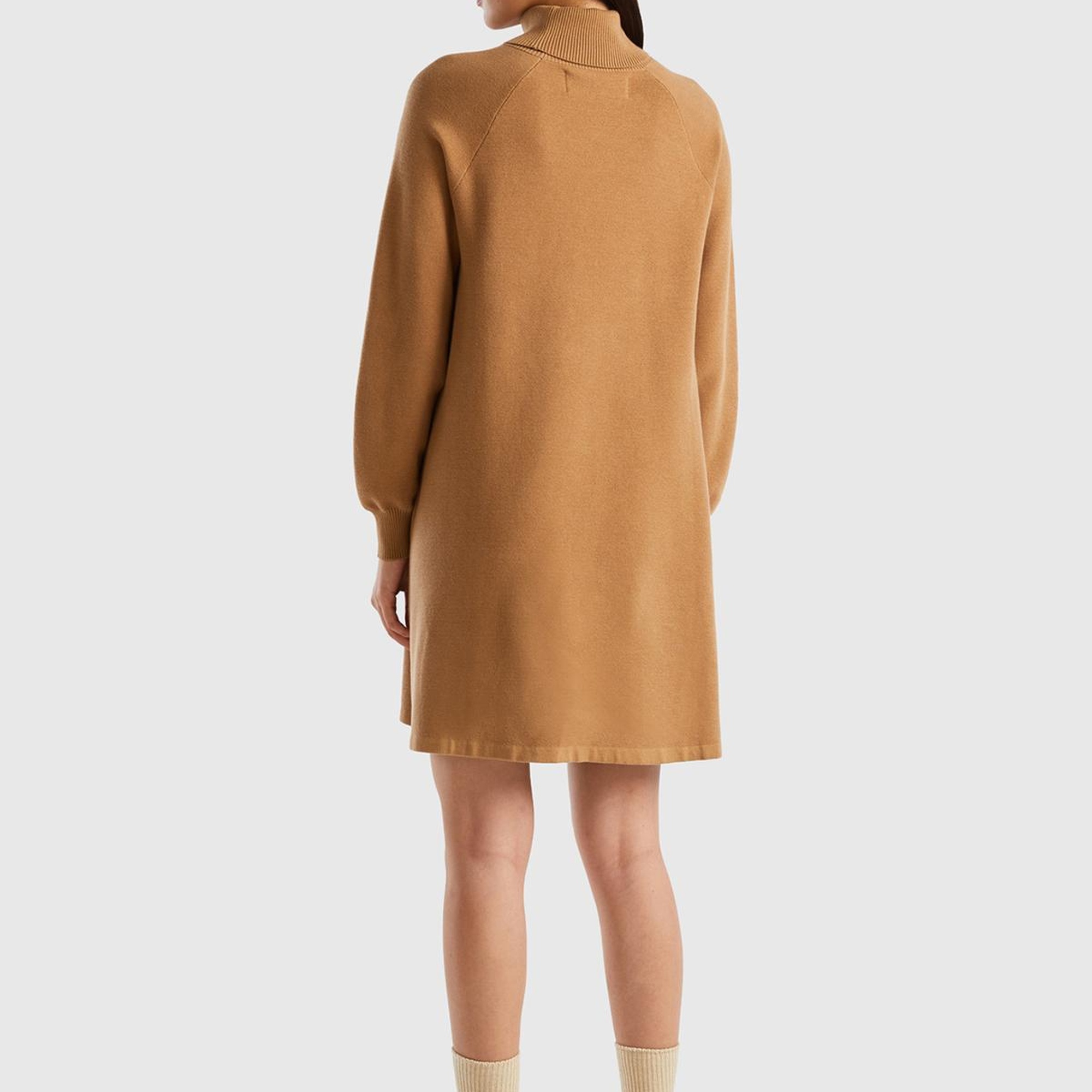 Kadın Taba Koton Karışımlı Balıkçı Yaka Diz Midi Elbise