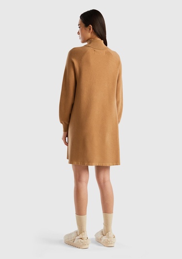  Kadın Taba Koton Karışımlı Balıkçı Yaka Diz Midi Elbise