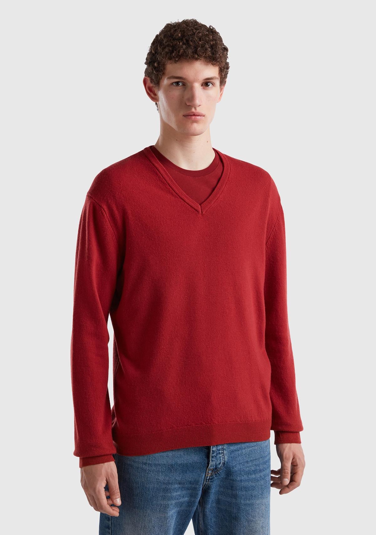  Erkek Bordo V Yaka Merino Kazak