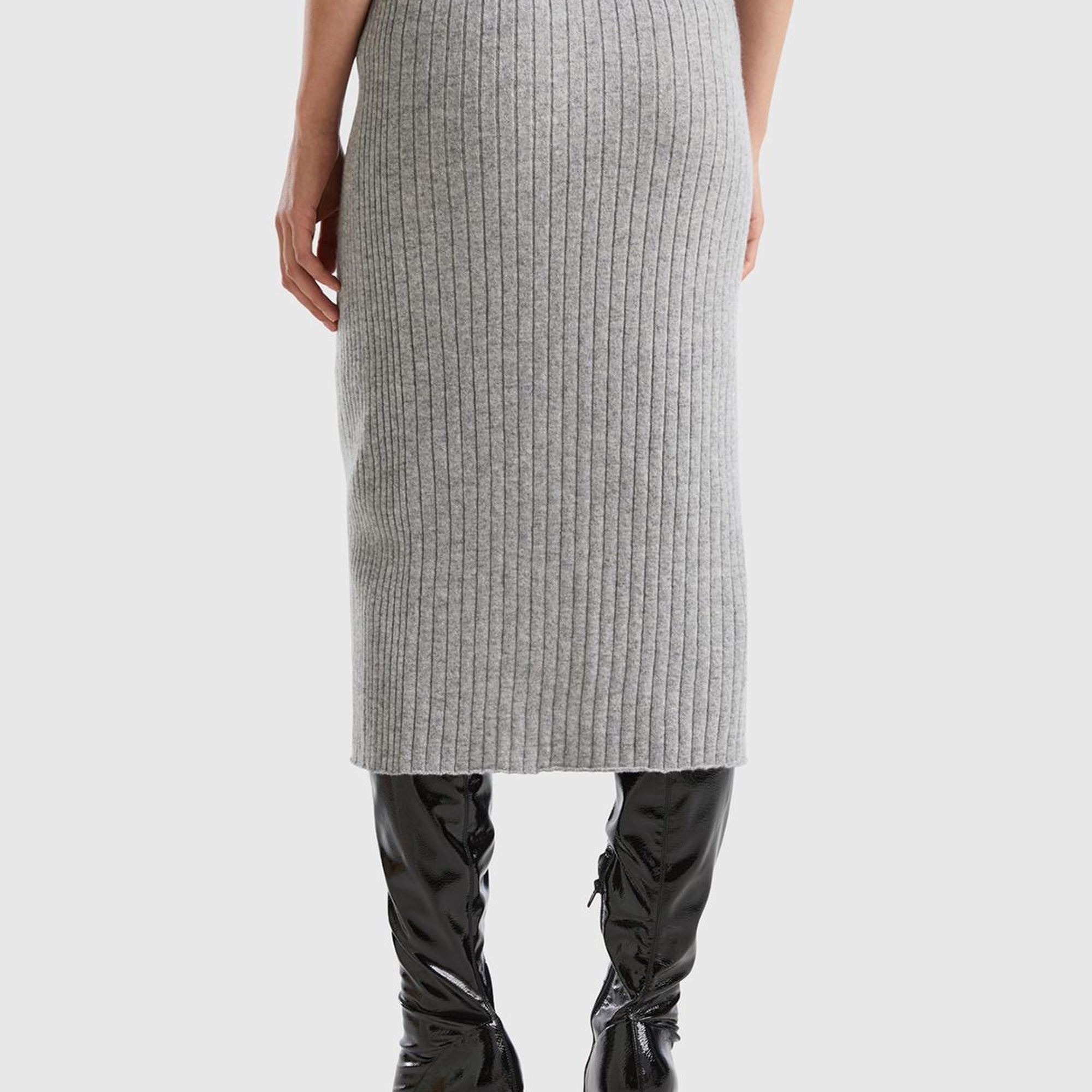 Kadın Gri Melanj Yün Karışımlı Uzun Etek