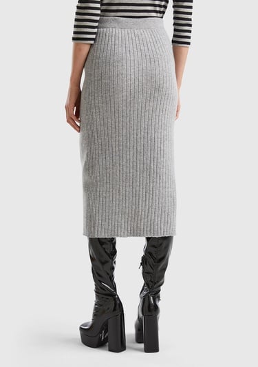  Kadın Gri Melanj Yün Karışımlı Uzun Etek