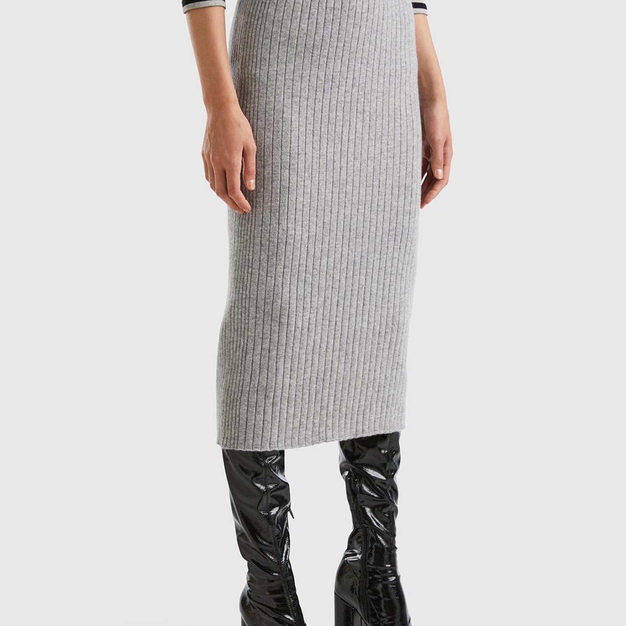 Kadın Gri Melanj Yün Karışımlı Uzun Etek