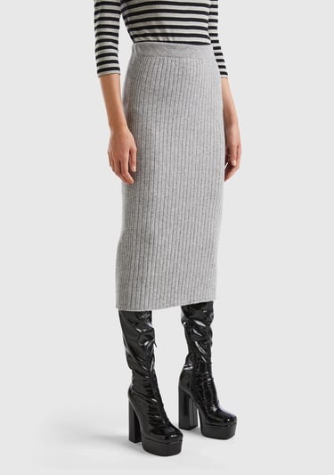  Kadın Gri Melanj Yün Karışımlı Uzun Etek