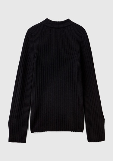  Kadın Siyah Yün Karışımlı Kol Ucu Yırtmaçlı Yarım Balıkçı Kazak