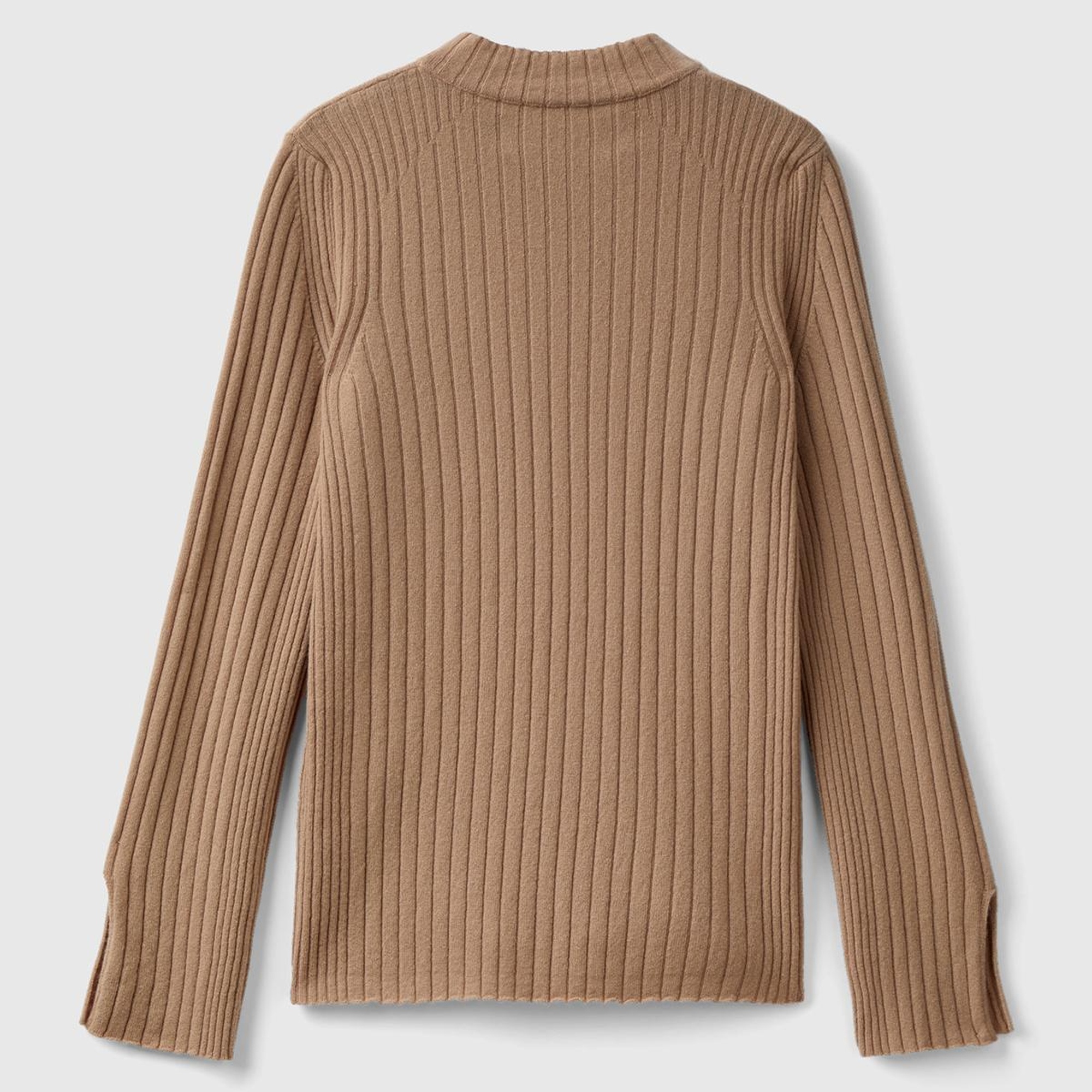 Kadın Kahverengi Yün Karışımlı Kol Ucu Yırtmaçlı Yarım Balıkçı Kazak