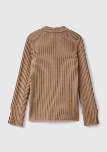  Kadın Kahverengi Yün Karışımlı Kol Ucu Yırtmaçlı Yarım Balıkçı Kazak