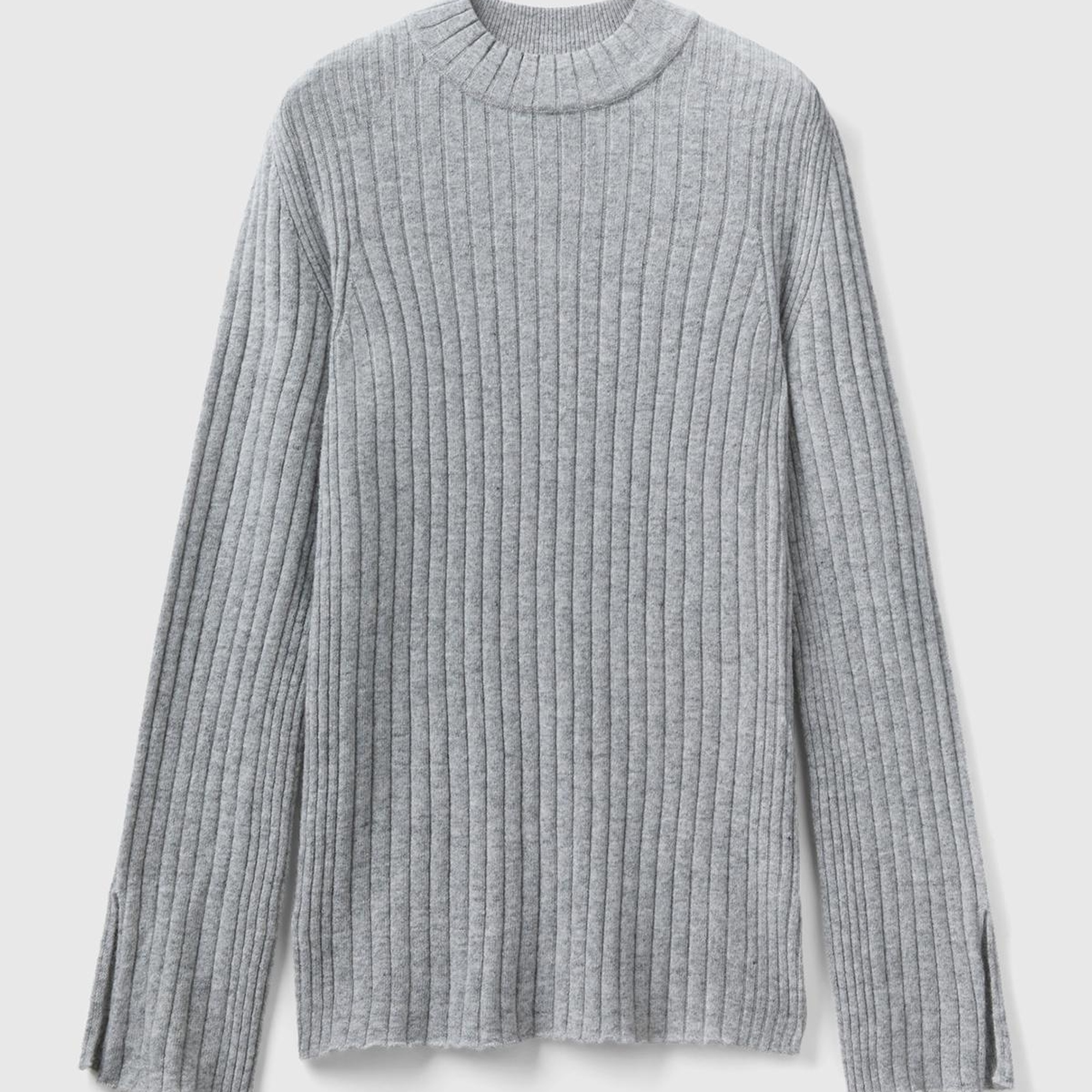 Kadın Gri Melanj Yün Karışımlı Kol Ucu Yırtmaçlı Yarım Balıkçı Kazak