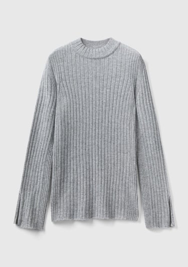  Kadın Gri Melanj Yün Karışımlı Kol Ucu Yırtmaçlı Yarım Balıkçı Kazak