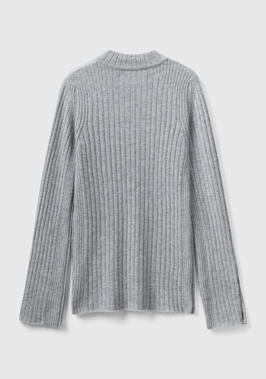  Kadın Gri Melanj Yün Karışımlı Kol Ucu Yırtmaçlı Yarım Balıkçı Kazak