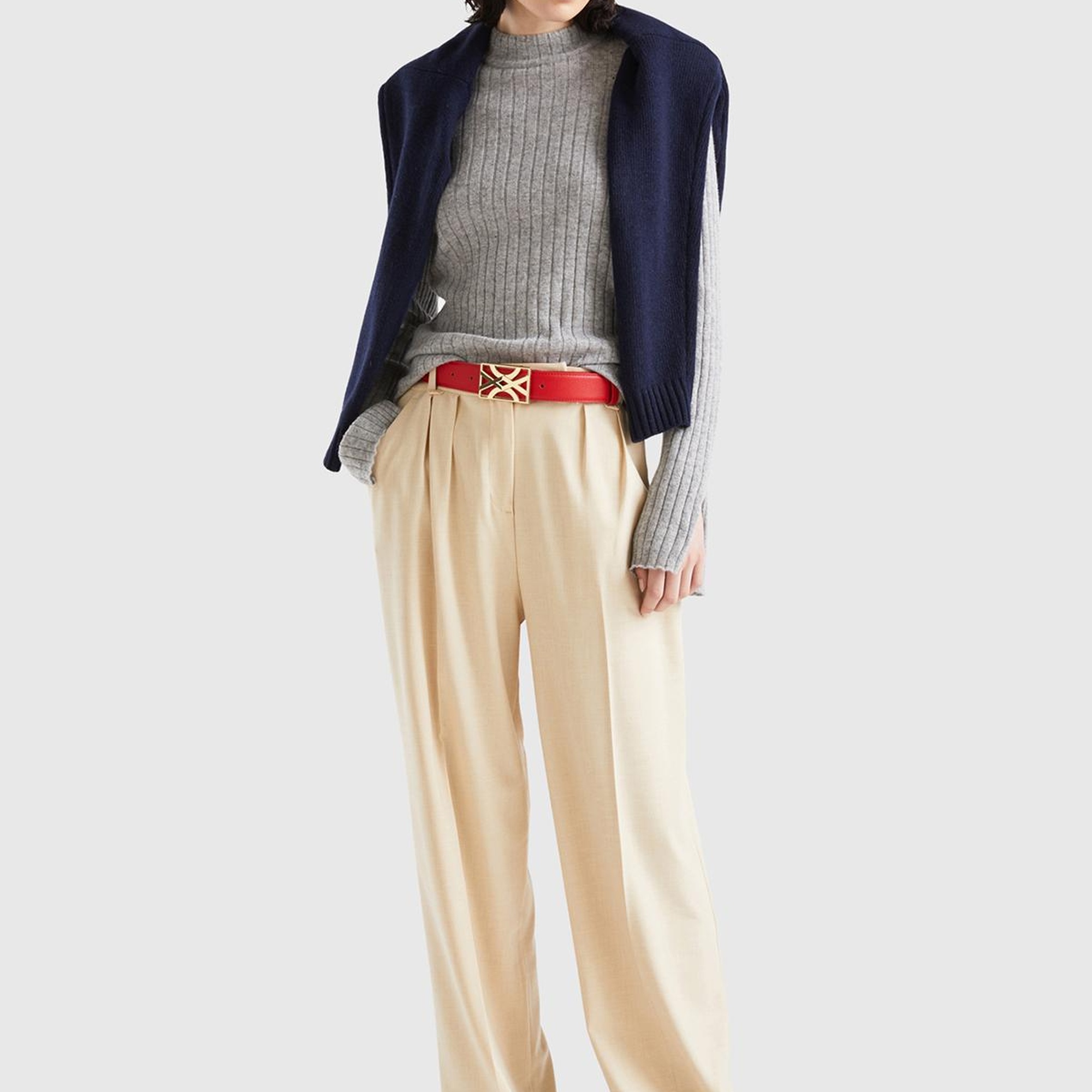 Kadın Gri Melanj Yün Karışımlı Kol Ucu Yırtmaçlı Yarım Balıkçı Kazak