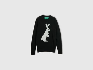  Erkek Siyah Yün Karışımlı Tavşan Desenli Kazak