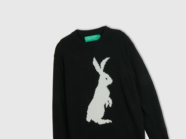  Erkek Siyah Yün Karışımlı Tavşan Desenli Kazak