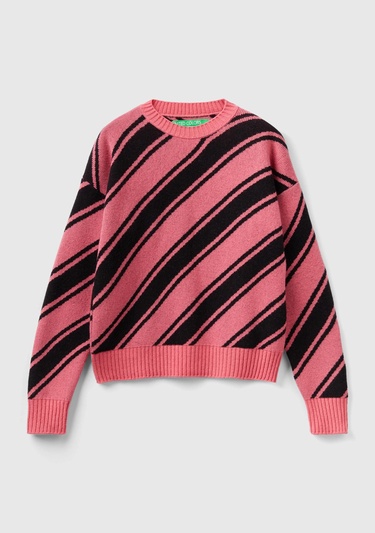  Kadın Gül Kurusu Yün Karışımlı Çapraz Çizgili Kazak