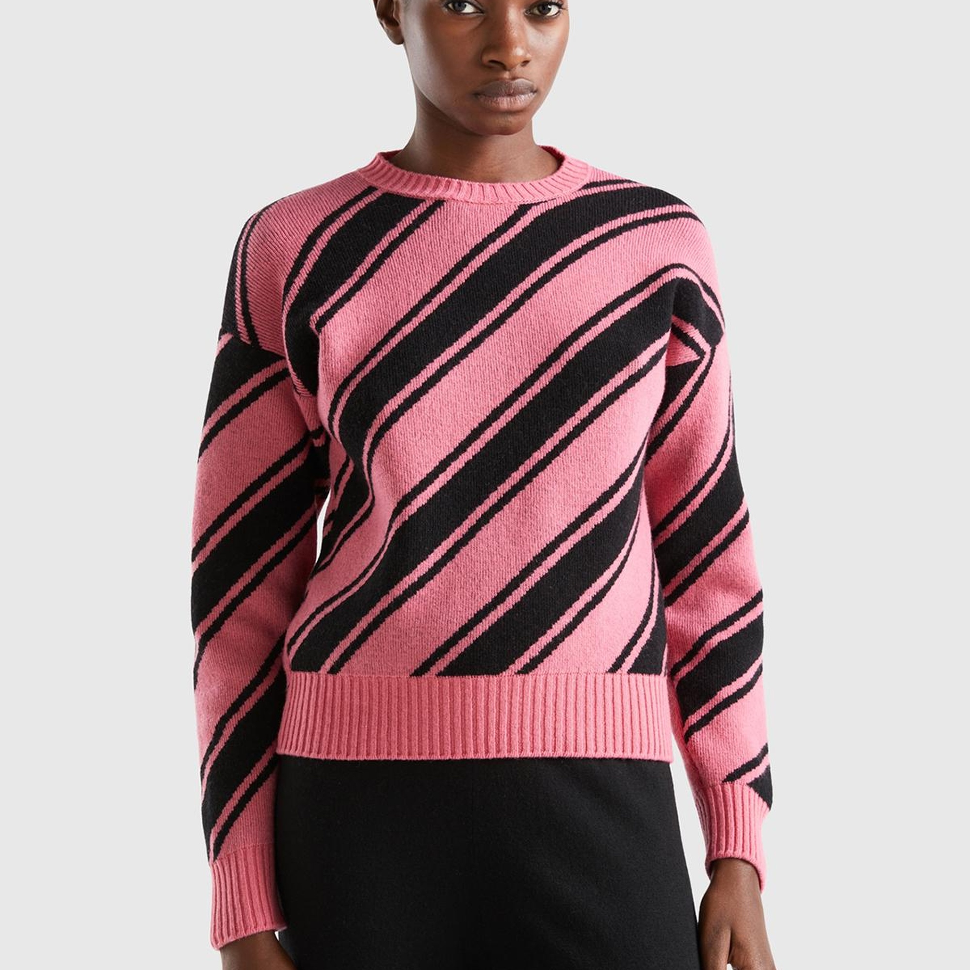 Kadın Gül Kurusu Yün Karışımlı Çapraz Çizgili Kazak