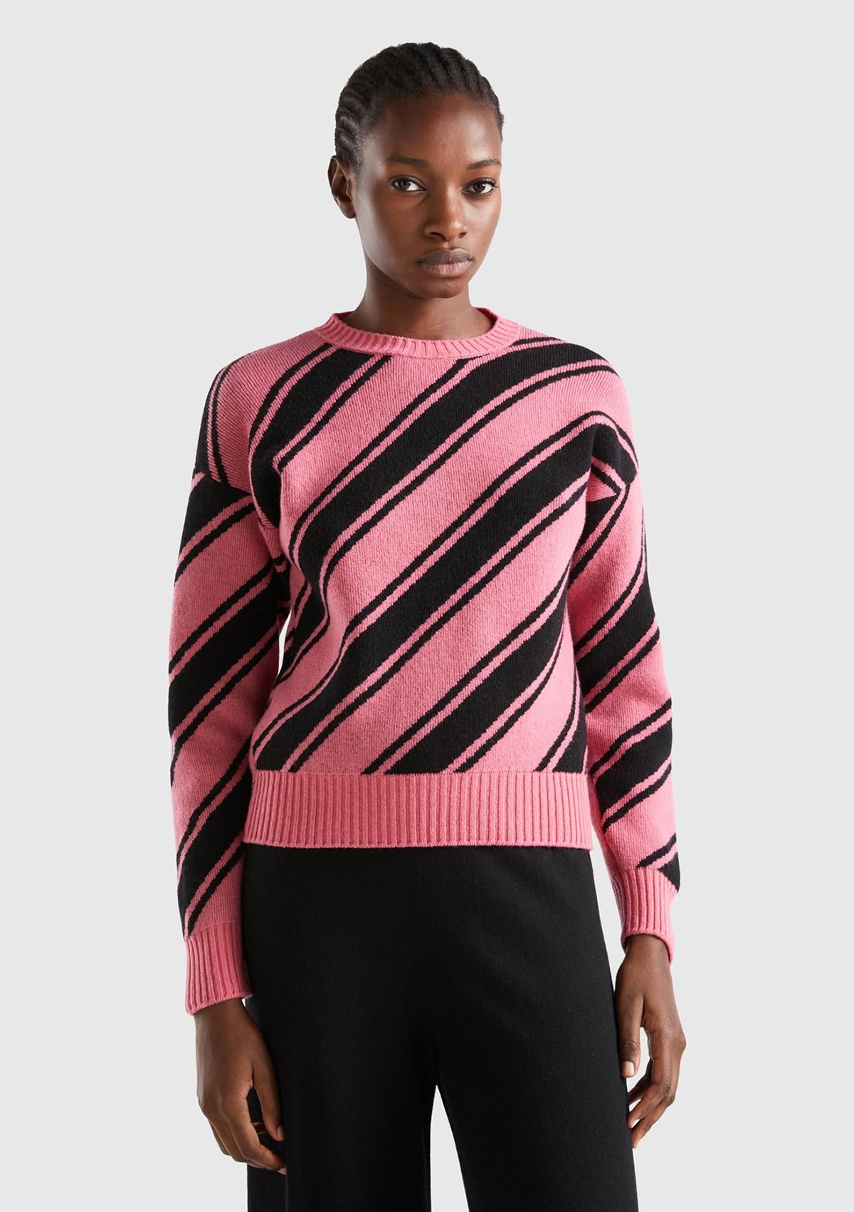  Kadın Gül Kurusu Yün Karışımlı Çapraz Çizgili Kazak