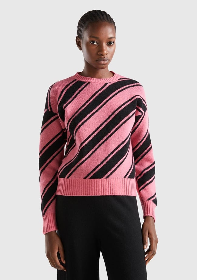  Kadın Gül Kurusu Yün Karışımlı Çapraz Çizgili Kazak