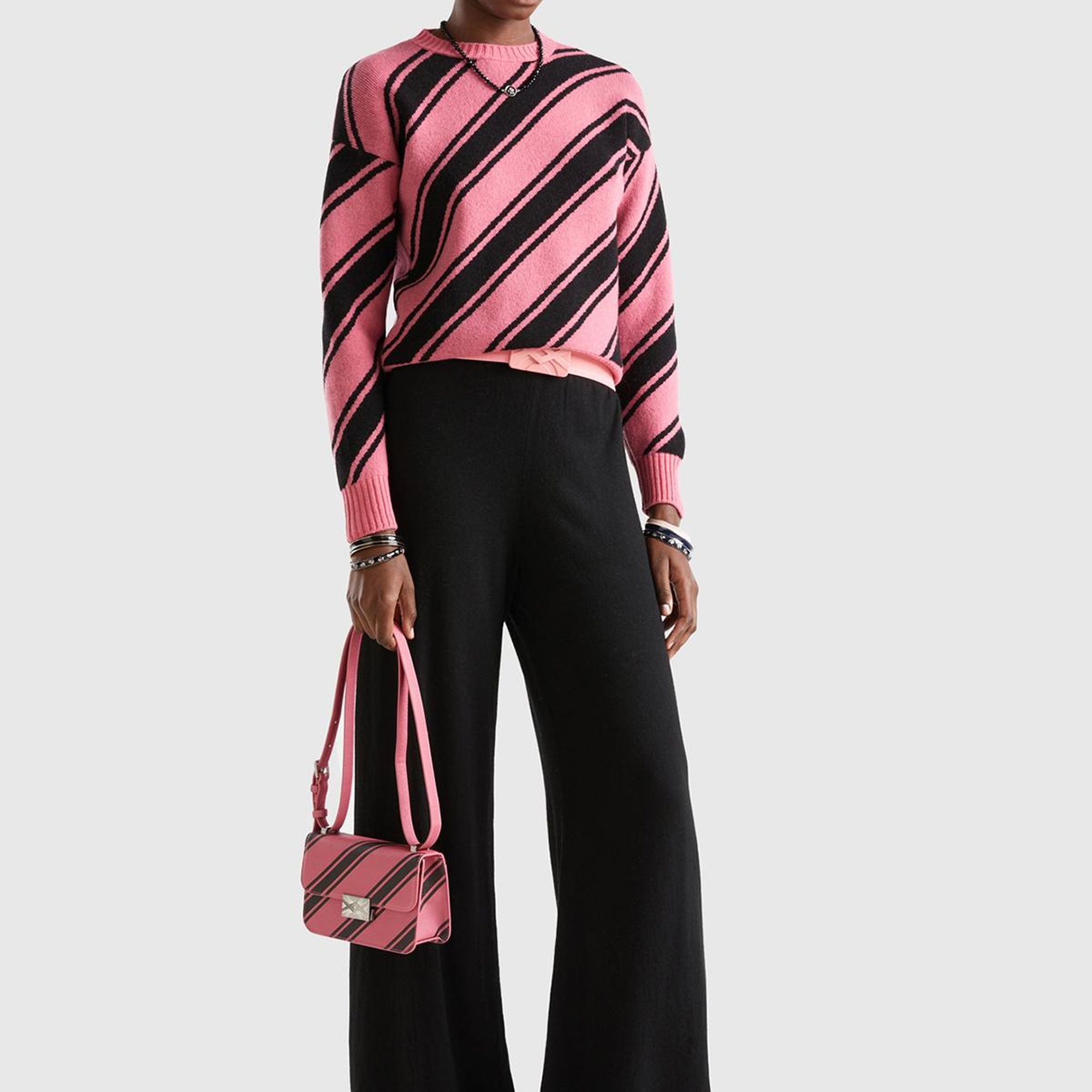 Kadın Gül Kurusu Yün Karışımlı Çapraz Çizgili Kazak