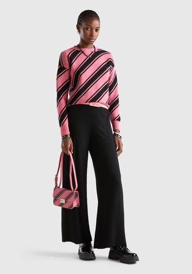  Kadın Gül Kurusu Yün Karışımlı Çapraz Çizgili Kazak