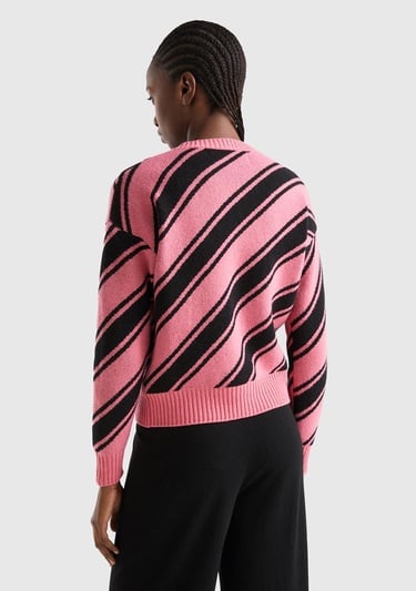  Kadın Gül Kurusu Yün Karışımlı Çapraz Çizgili Kazak