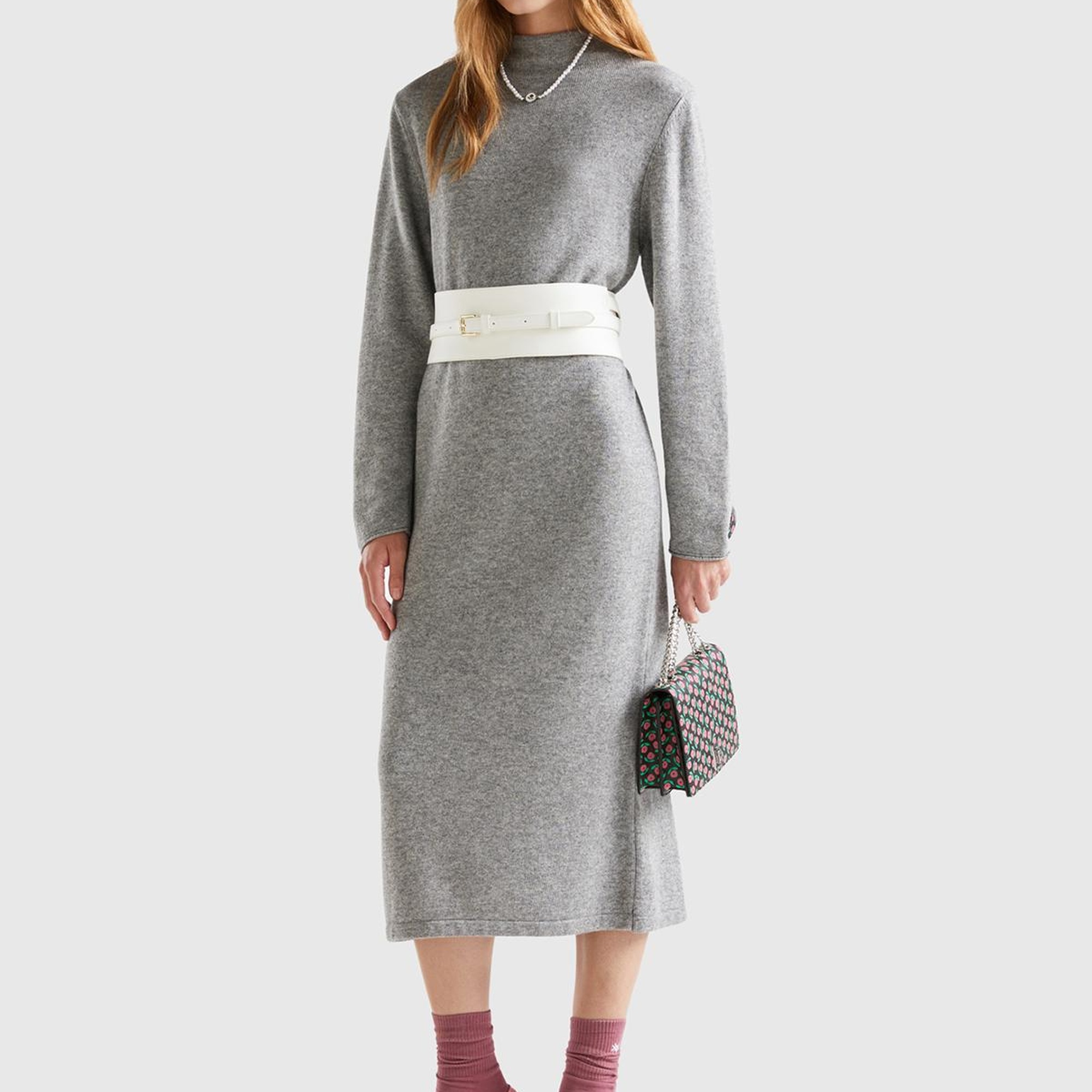 Kadın Gri Kaşmir Karışımlı Dik Yaka Elbise