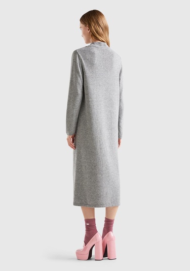  Kadın Gri Kaşmir Karışımlı Dik Yaka Elbise