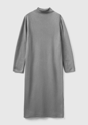  Kadın Gri Kaşmir Karışımlı Dik Yaka Elbise