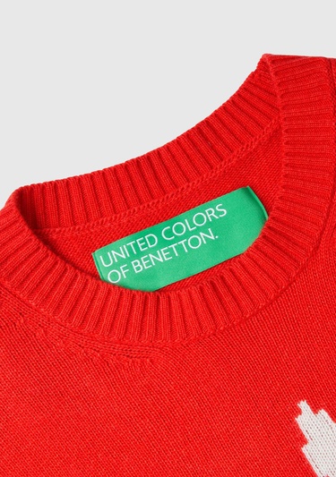  Kadın Kırmızı Kaşmir Karışımlı Tavşan Desenli Kazak