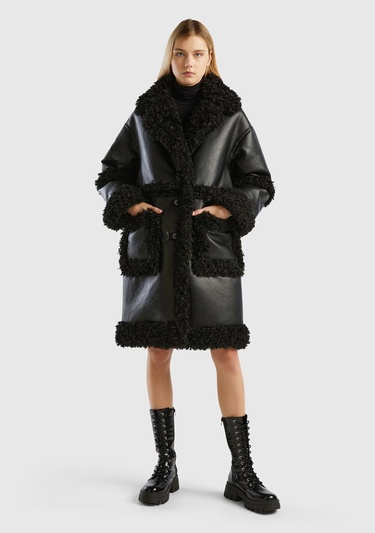  Kadın Siyah Suni Deri Palto