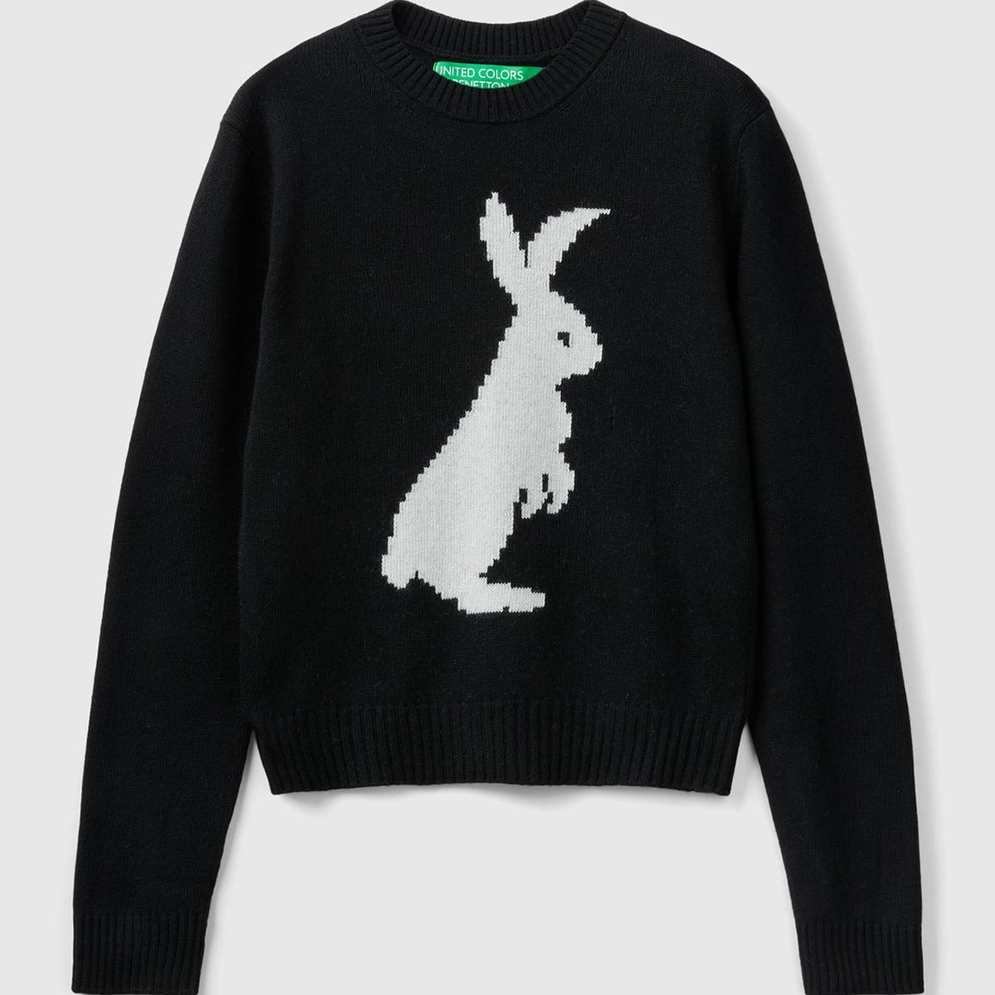 Kadın Siyah Kaşmir Karışımlı Tavşan Desenli Kazak