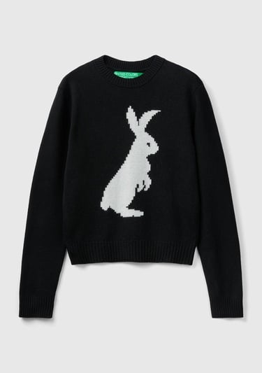  Kadın Siyah Kaşmir Karışımlı Tavşan Desenli Kazak