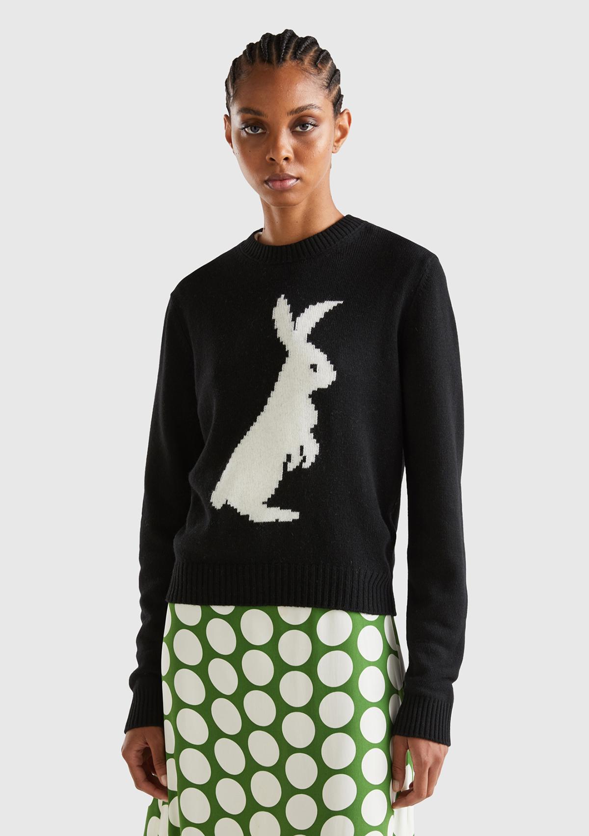  Kadın Siyah Kaşmir Karışımlı Tavşan Desenli Kazak