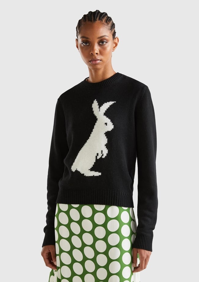  Kadın Siyah Kaşmir Karışımlı Tavşan Desenli Kazak