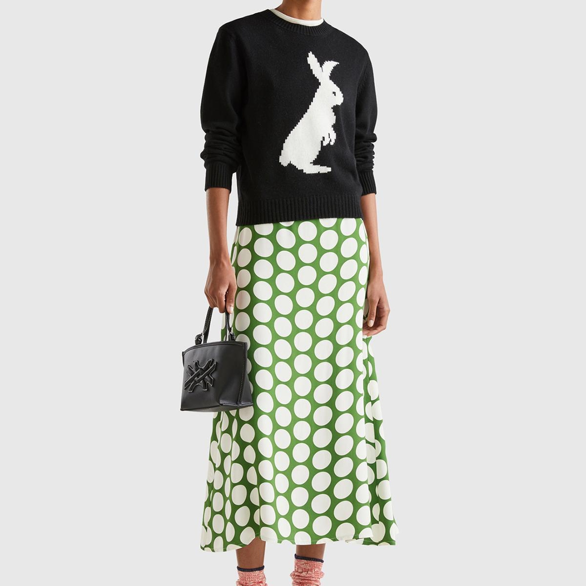 Kadın Siyah Kaşmir Karışımlı Tavşan Desenli Kazak