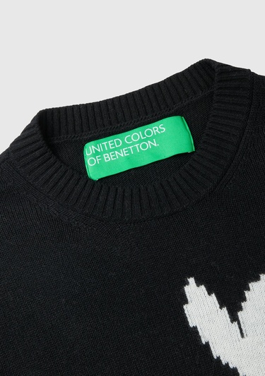  Kadın Siyah Kaşmir Karışımlı Tavşan Desenli Kazak