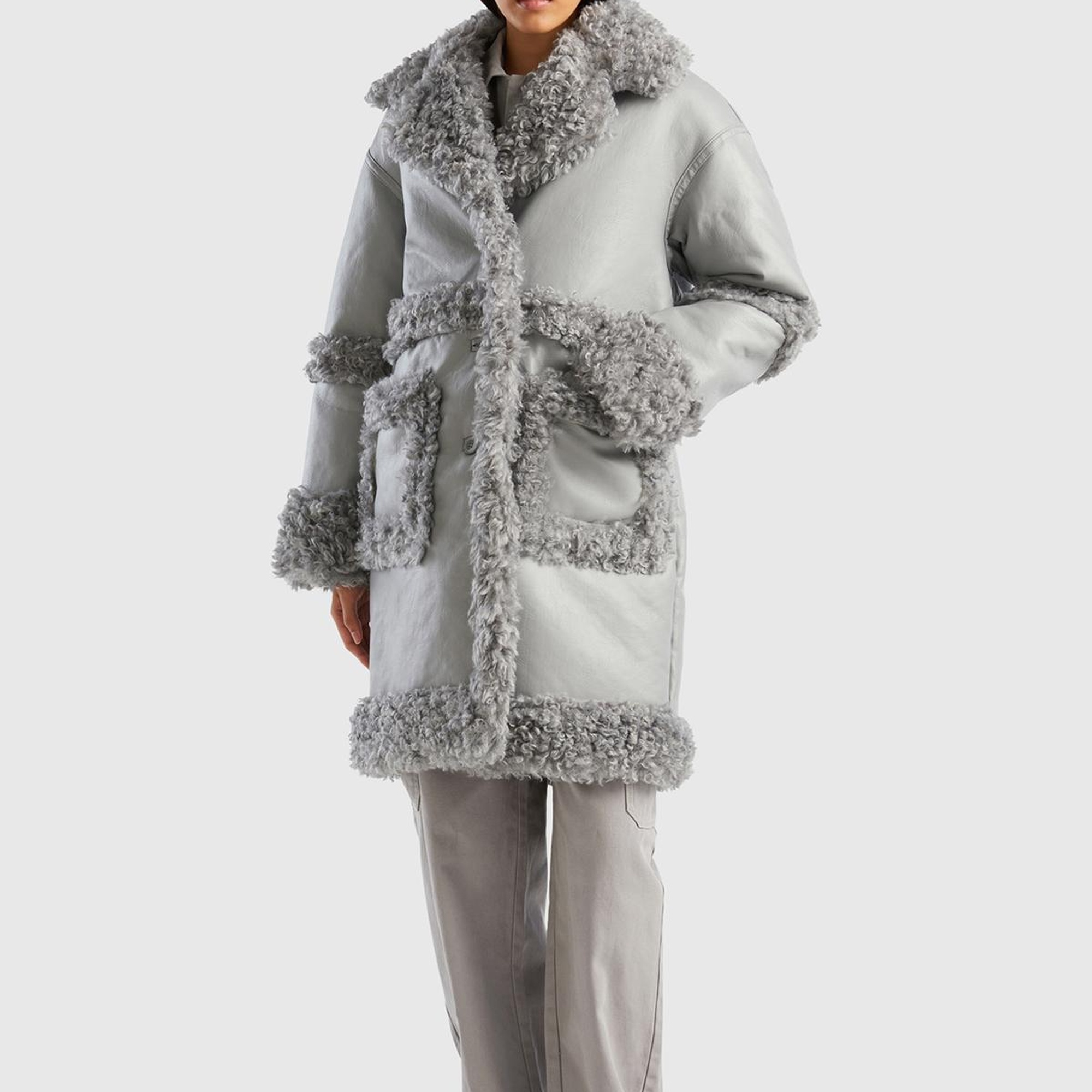 Kadın Açık Gri Suni Deri Palto