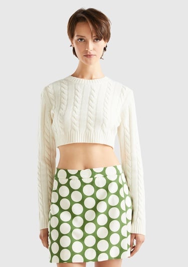  Kadın Vanilya Yün Karışımlı Saç Örgülü Crop Kazak