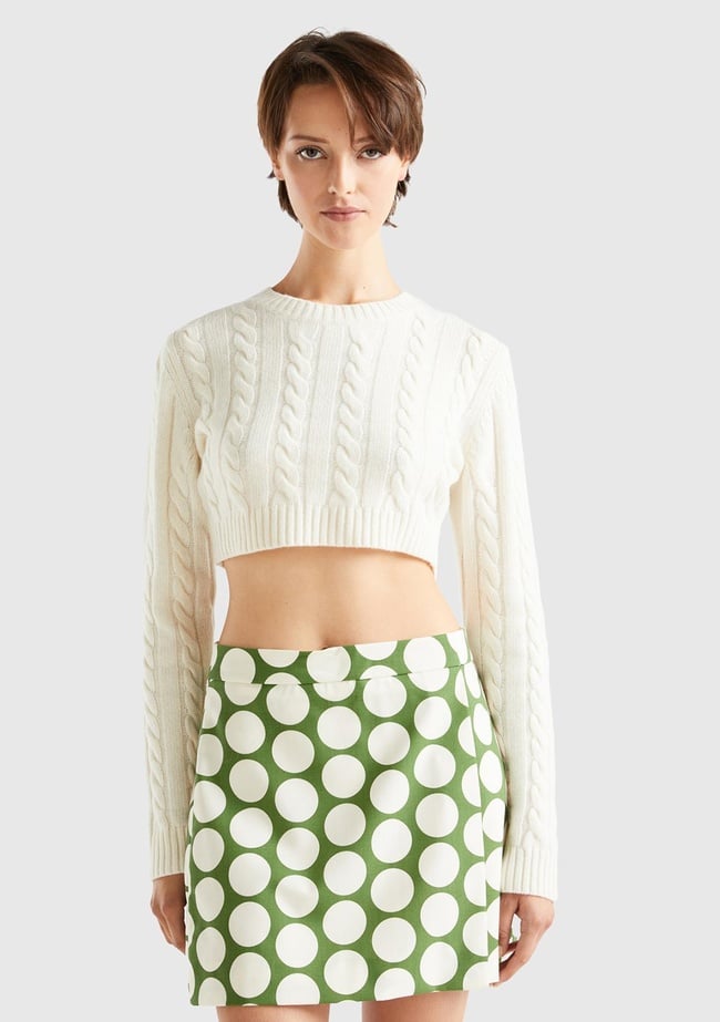  Kadın Vanilya Yün Karışımlı Saç Örgülü Crop Kazak