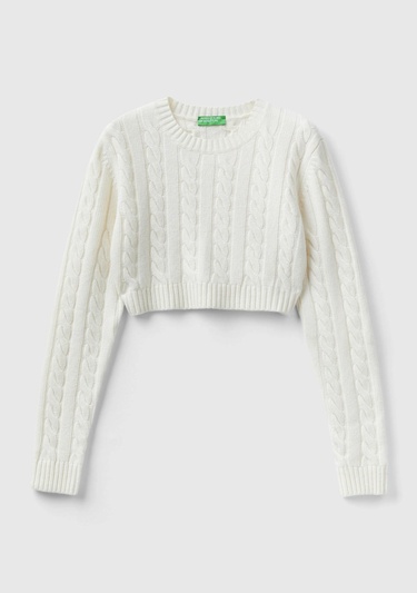  Kadın Vanilya Yün Karışımlı Saç Örgülü Crop Kazak