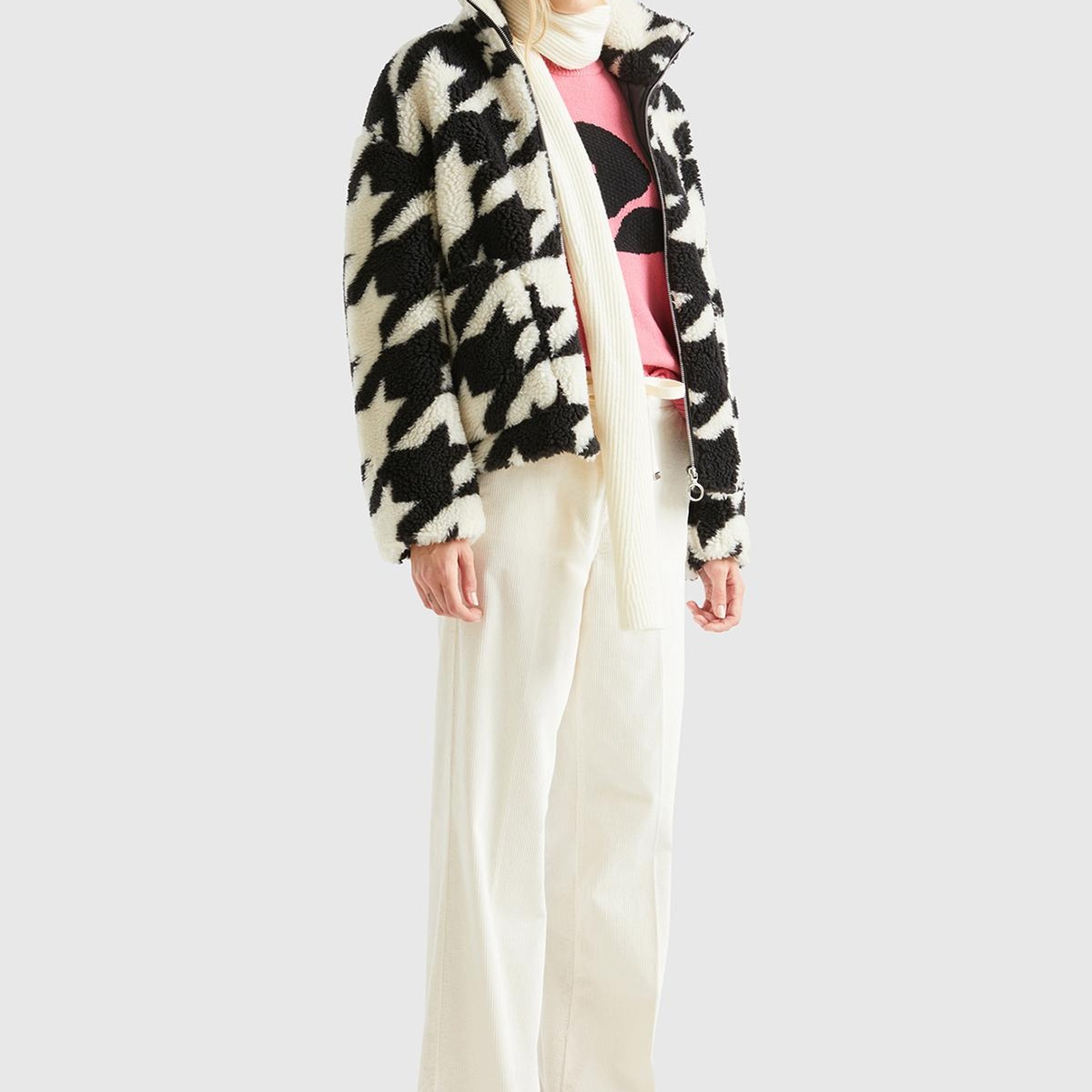 Kadın Siyah Beyaz Kazayağı Teddy Ceket