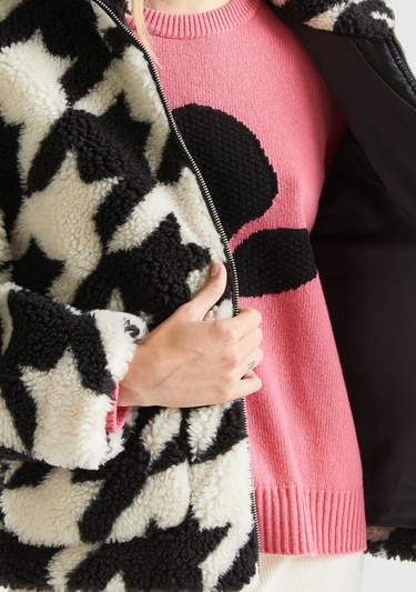  Kadın Siyah Beyaz Kazayağı Teddy Ceket