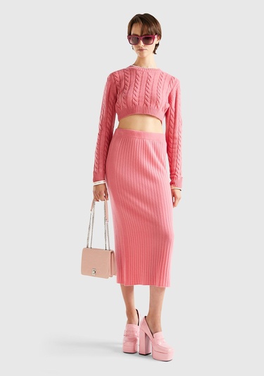  Kadın Gül Kurusu Yün Karışımlı Saç Örgülü Crop Kazak