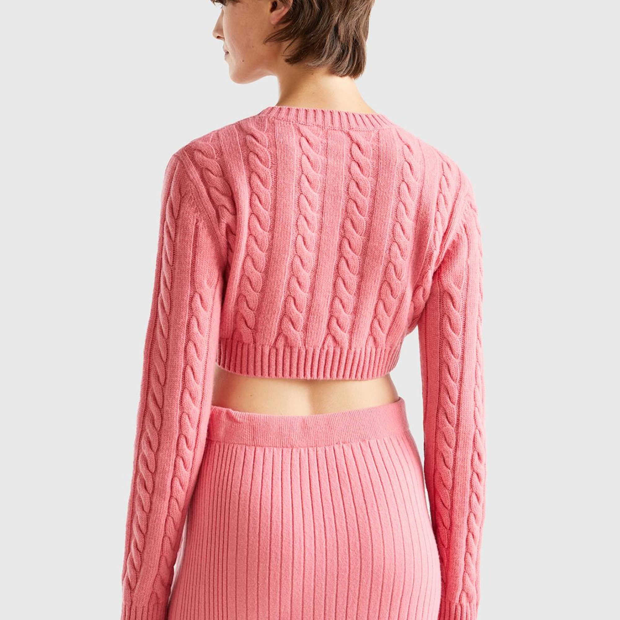 Kadın Gül Kurusu Yün Karışımlı Saç Örgülü Crop Kazak