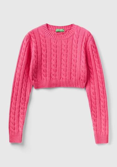  Kadın Gül Kurusu Yün Karışımlı Saç Örgülü Crop Kazak