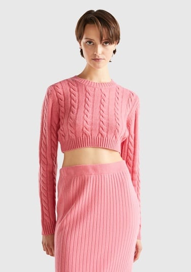  Kadın Gül Kurusu Yün Karışımlı Saç Örgülü Crop Kazak