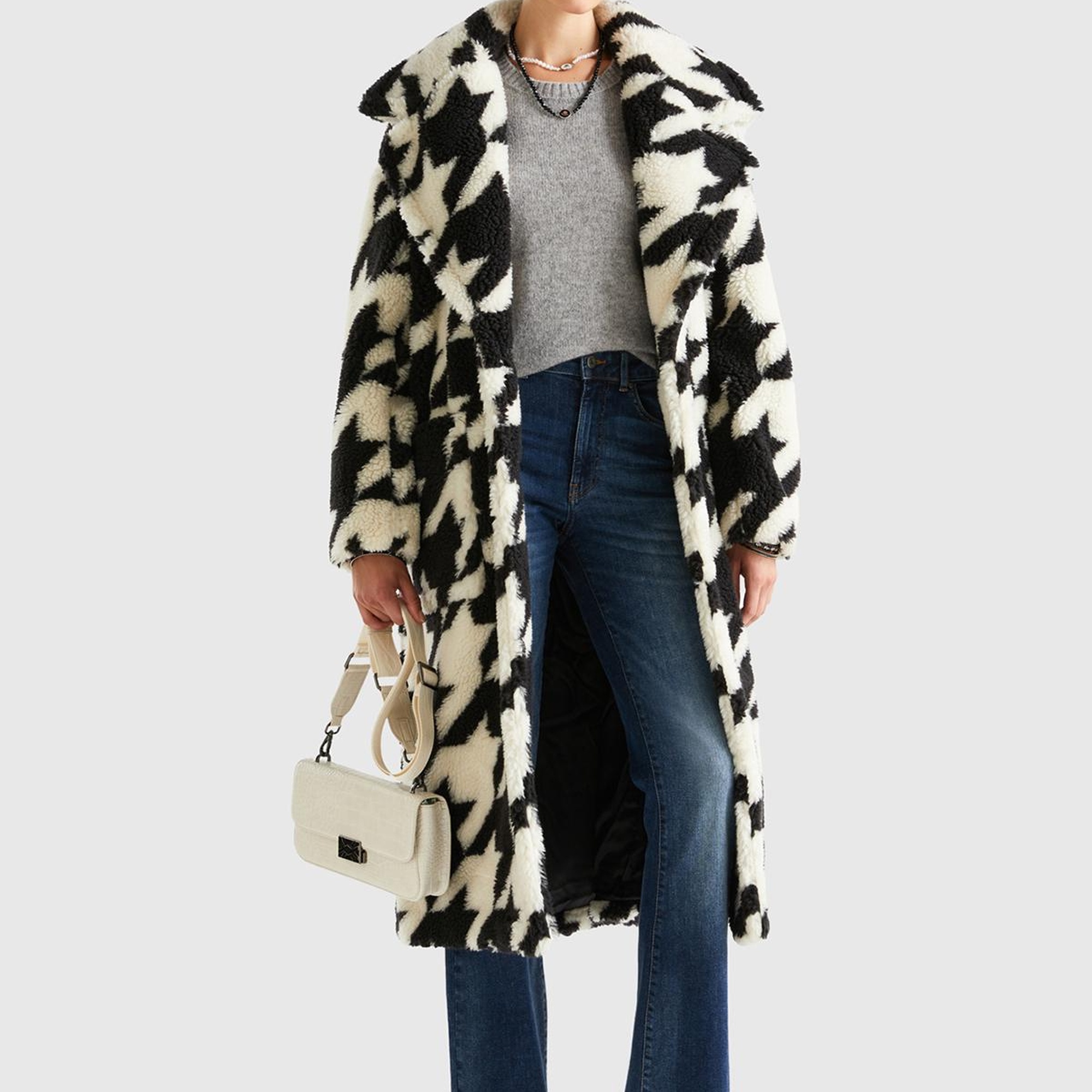 Kadın Siyah Beyaz Kazayağı Teddy Palto