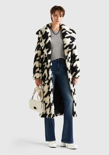  Kadın Siyah Beyaz Kazayağı Teddy Palto