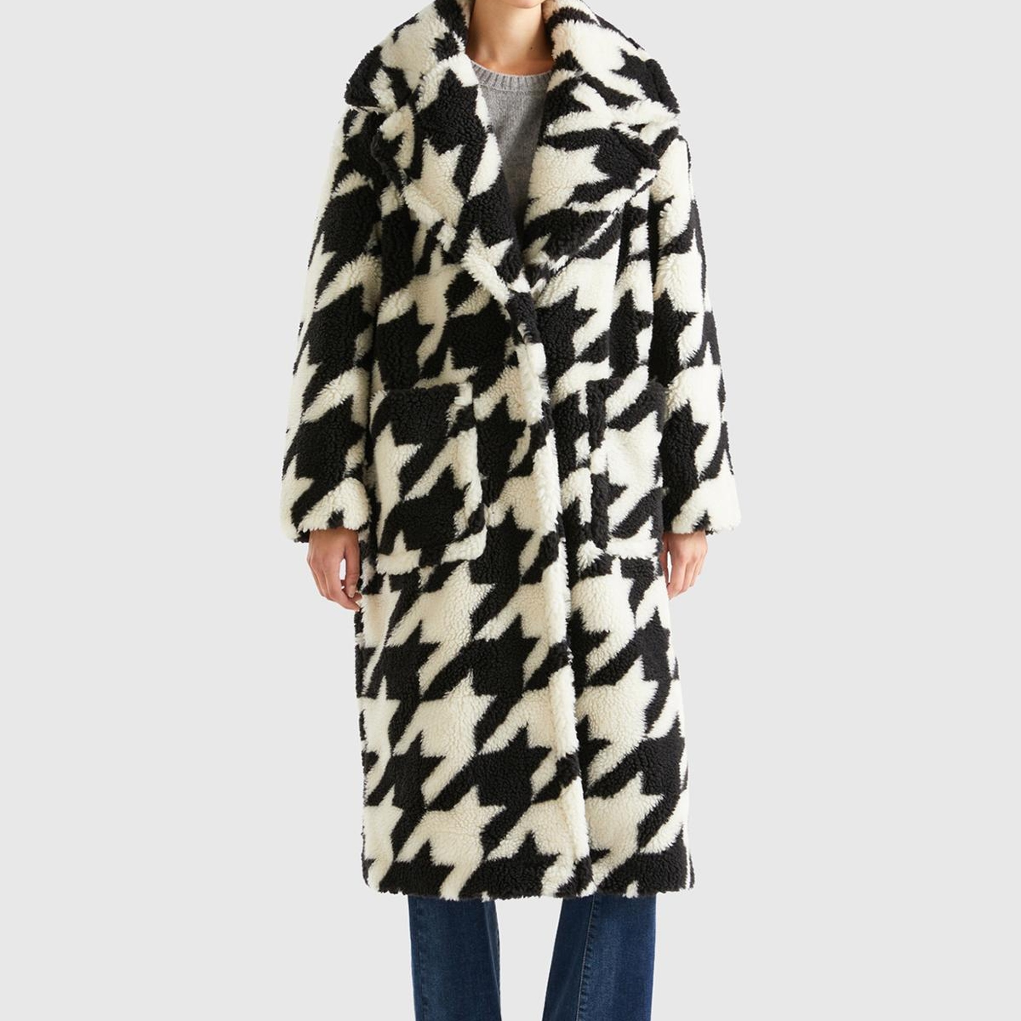 Kadın Siyah Beyaz Kazayağı Teddy Palto