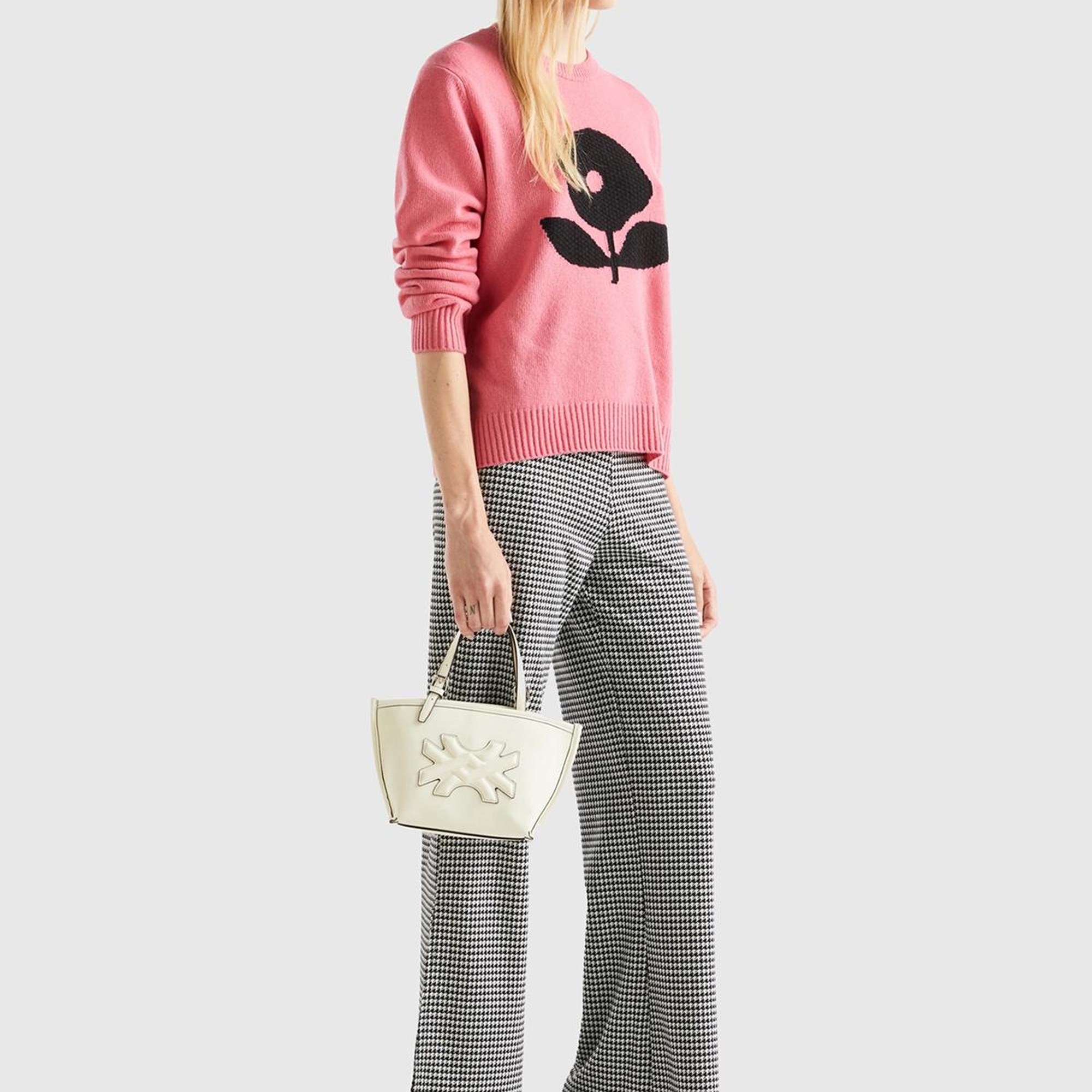 Kadın Gül Kurusu Yün Karışımlı Çiçek Desenli Kazak