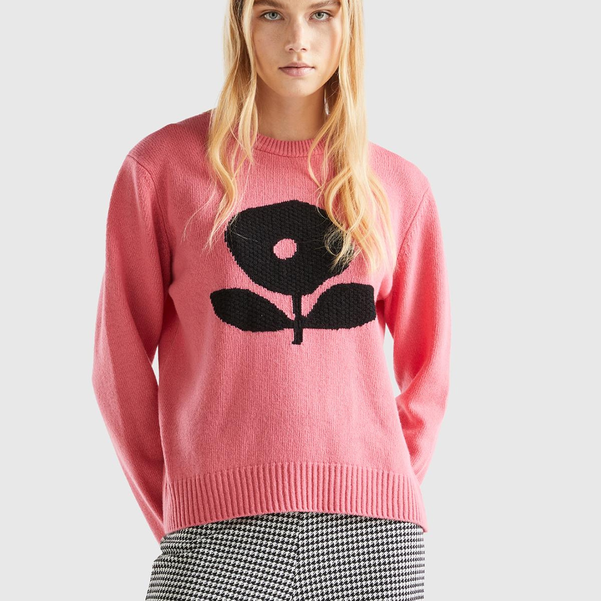 Kadın Gül Kurusu Yün Karışımlı Çiçek Desenli Kazak