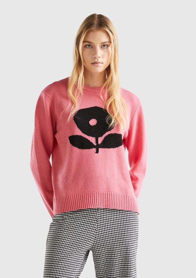  Kadın Gül Kurusu Yün Karışımlı Çiçek Desenli Kazak